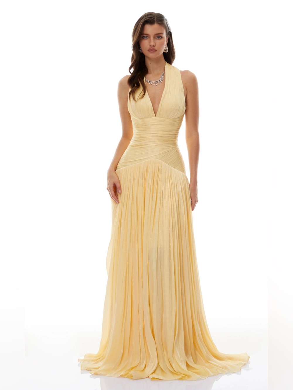 Miss Rosier Elegant Yellow Halter Maxi Dress with Front Slit